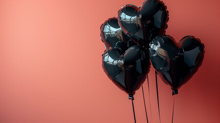 Chic black heart balloons valentines day unique celebration love anniversary event romance decor copy space coral background modern party  edgy gothic bold helium wedding engagement minimal banner