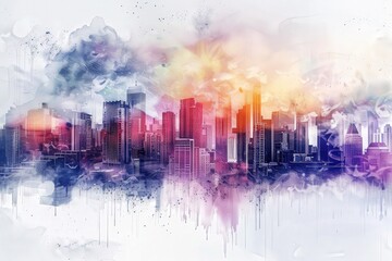 Fototapeta premium Surreal watercolor depiction of a futuristic cityscape, blending architectural innovation with artistic imagination, symbolizing progress and urban development