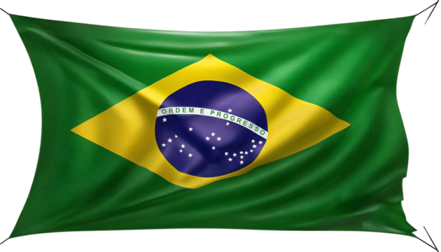 Vibrant Brazilian flag waving in the wind, isolated on a white or transparent background