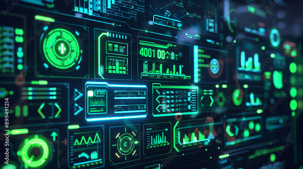 Poster a computer screen with many different icons and buttons. concept of technology and modernity