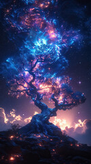 Fantasy Tree with Glowing Blue and Pink Leaves Under a Starry Night Sky in a Mystical Landscape. Theme for phone, wallpaper for phone