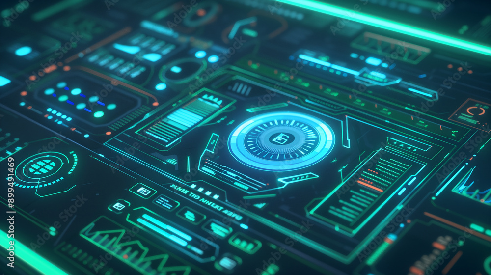 Poster a computer screen with many different icons and buttons. concept of technology and modernity
