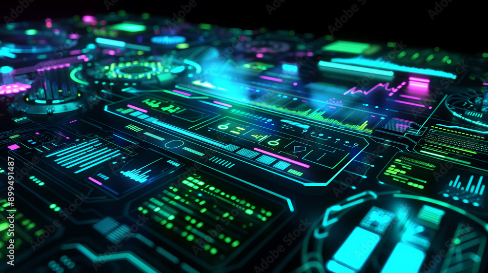 Poster a computer screen with many different icons and buttons. concept of technology and modernity
