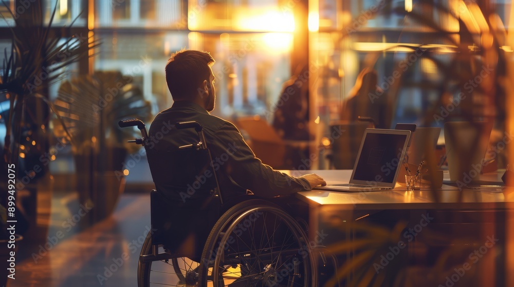 Poster Man in wheelchair working at a desk with sunset lighting. Highlighting the importance of accessible work environments.