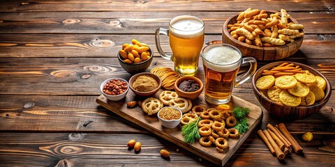 Beer and a variety of snacks arranged on a rustic wooden table , bar, pub, beer, snacks, appetizers, party, chips, nuts