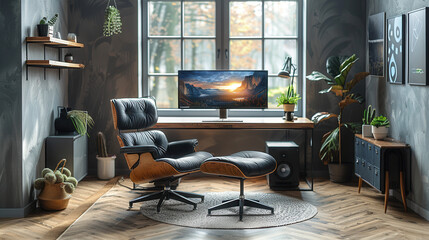 Modern Home Office Interior Design with Comfortable Leather Chair and Large Window Overlooking Nature, Featuring Stylish Decor and High-Tech Computer Setup