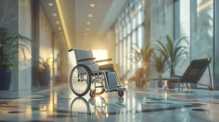 Empty wheelchair in a modern lobby with sunlight filtering in. Accessibility and contemporary design for disabled individuals.