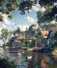 Fototapeta premium Artistic rendition of a charming seaside hamlet on the Baltic Sea, with lush greenery and a calm, sunny atmosphere