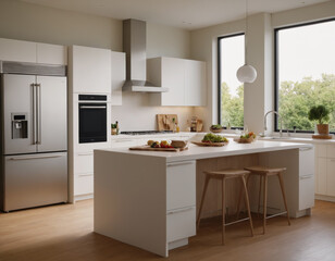 Modern Kitchen Interior with Stainless Steel Appliances and Wooden Accents