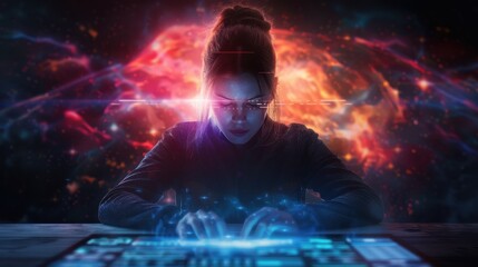 Fototapeta premium Woman Working on Futuristic Technology with a Galaxy Background.