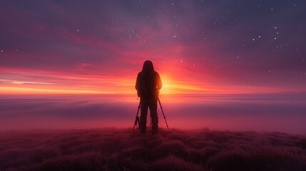 Obraz premium Silhouette of a Photographer Capturing the Sunrise Over a Sea of Clouds.