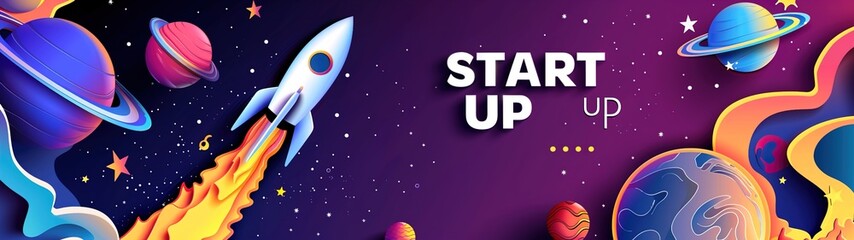 Naklejka premium A rocket travelling through the planets, start up concept, design banner template, paper illustration, and 3d paper.