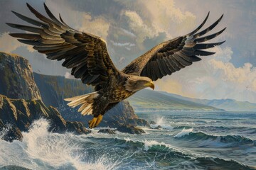 Fototapeta premium A magnificent white-tailed eagle soaring over a coastal landscape, with cliffs and ocean waves in the background.