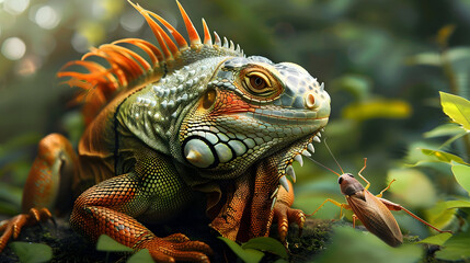 Fototapeta premium Green Iguana with Orange Spikes in the Jungle with a Grasshopper