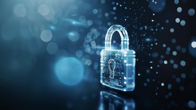 Digital padlock representing online security, data protection, and cyber safety. Blue technology background with bokeh effects.