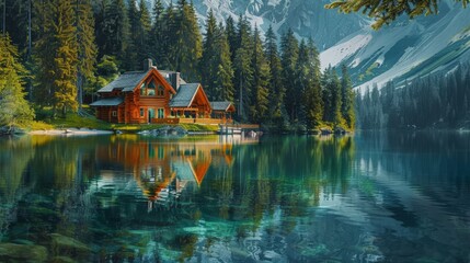 Fototapeta premium Oil painting capturing a tranquil lakeside cabin, surrounded by pine forests and reflecting in clear waters