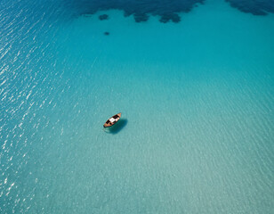Fototapeta premium Aerial View of Small Boat Anchored on Pristine Beach with Clear Blue Water