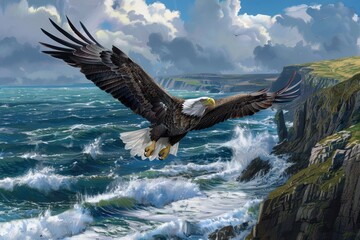 A magnificent white-tailed eagle soaring over a coastal landscape, with cliffs and ocean waves in the background.