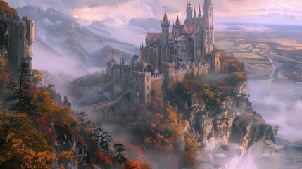 Fototapeta premium Oil painting of an ancient medieval castle, perched on a cliff overlooking a misty valley