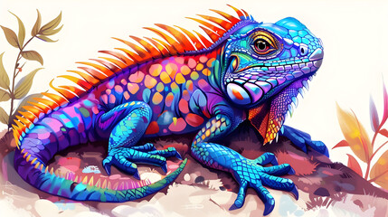 Fototapeta premium Colorful Iguana Illustration with Spiky Back and Blue Scales on a White Background