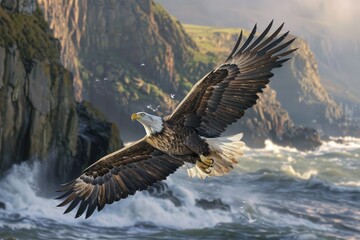 Fototapeta premium A magnificent white-tailed eagle soaring over a coastal landscape, with cliffs and ocean waves in the background.