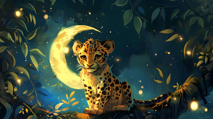 Cute Baby Leopard Illustration with Crescent Moon and Fireflies