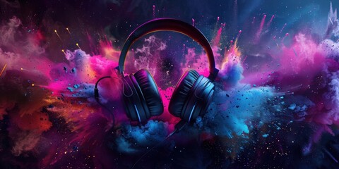 Obraz premium Stereo headphones bursting into a festive explosion of vibrant colors, dust, and smoke, illuminated by dynamic light effects, capturing the essence of loud music, pulsating bass, and energetic beats