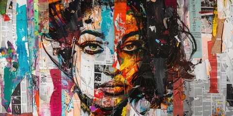 Fototapeta premium Urban Feminist Revolution Art: Gritty Collage of Torn Newspapers and Vibrant Paintings, Depiction of an Iconic Woman Championing Rights and Equality, Symbolic Urban Graphic Artwork, Mixed Media Street