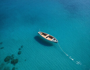 Fototapeta premium Aerial View of a Small Boat Floating on Clear Turquoise Water