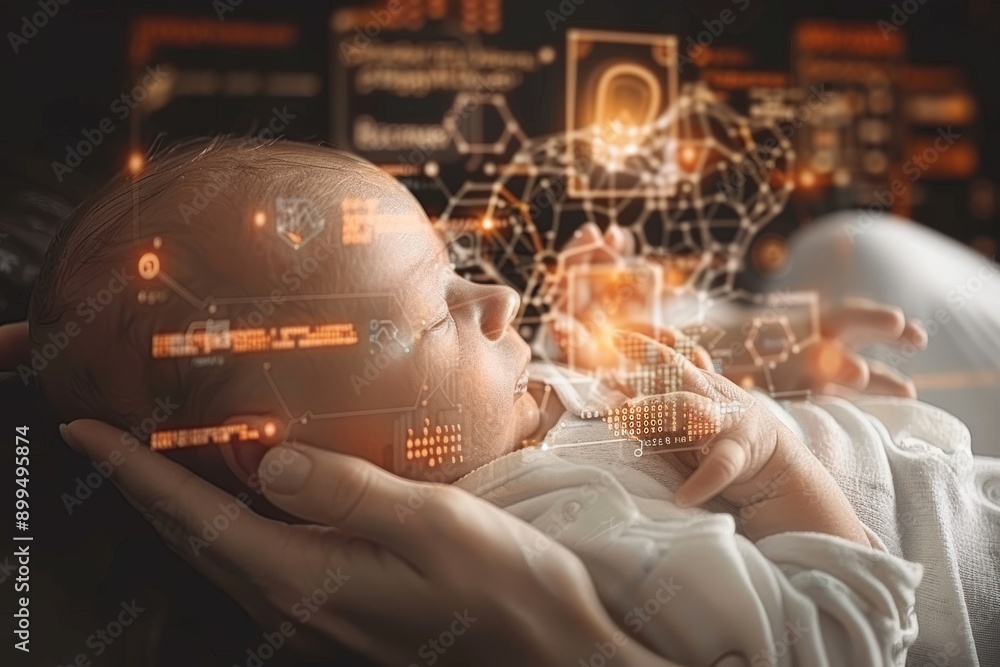 Poster baby in a futuristic setting surrounded by digital interfaces representing the integration of techno