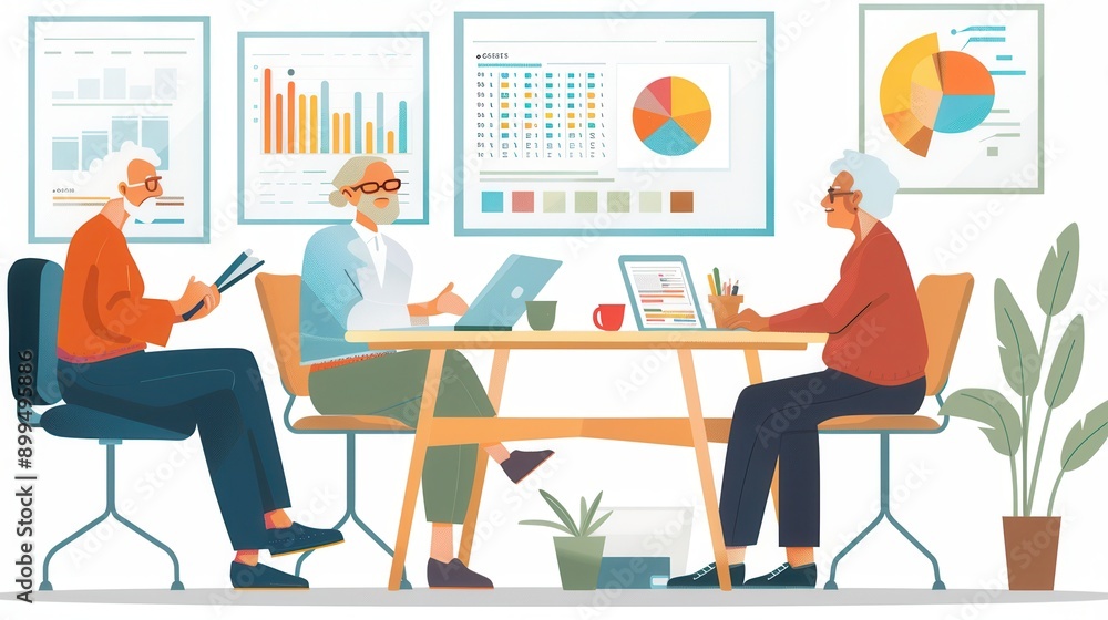 Poster three seniors collaborate at a meeting table, reviewing reports and charts in a vibrant office setti