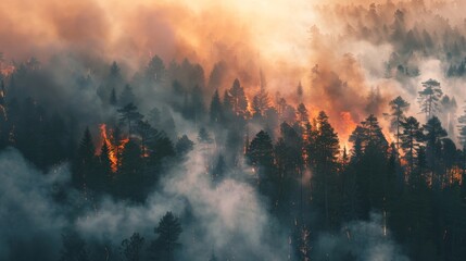 Wildfire consuming a dense forest, smoke filling the sky