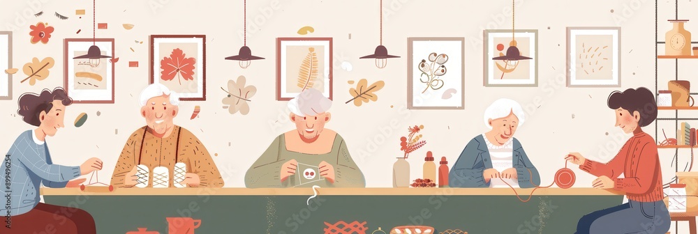 Aufkleber Elderly participants enthusiastically enjoy crafting activities, creating textiles while sharing knowledge in a welcoming classroom environment. Generative AI