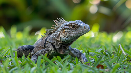 Fototapeta premium Close-up Photo of Green Iguana in Grass