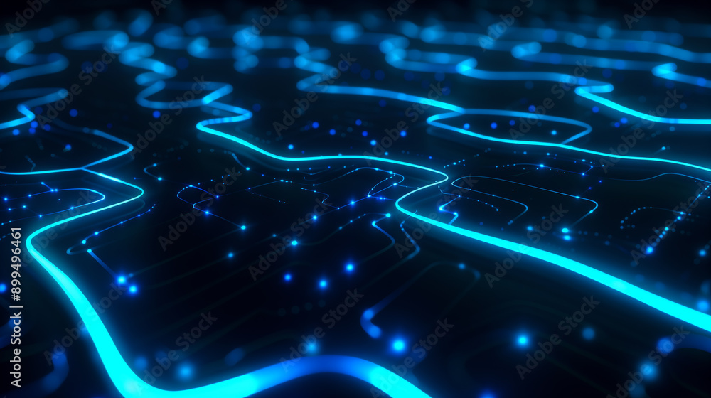 Poster a computer chip with blue lines and dots