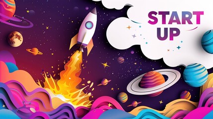 A rocket travelling through the planets, start up concept, design banner template, paper illustration, and 3d paper.