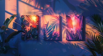 Fototapeta premium A set of canvases with a holographic foliage. Augmented reality plant art design