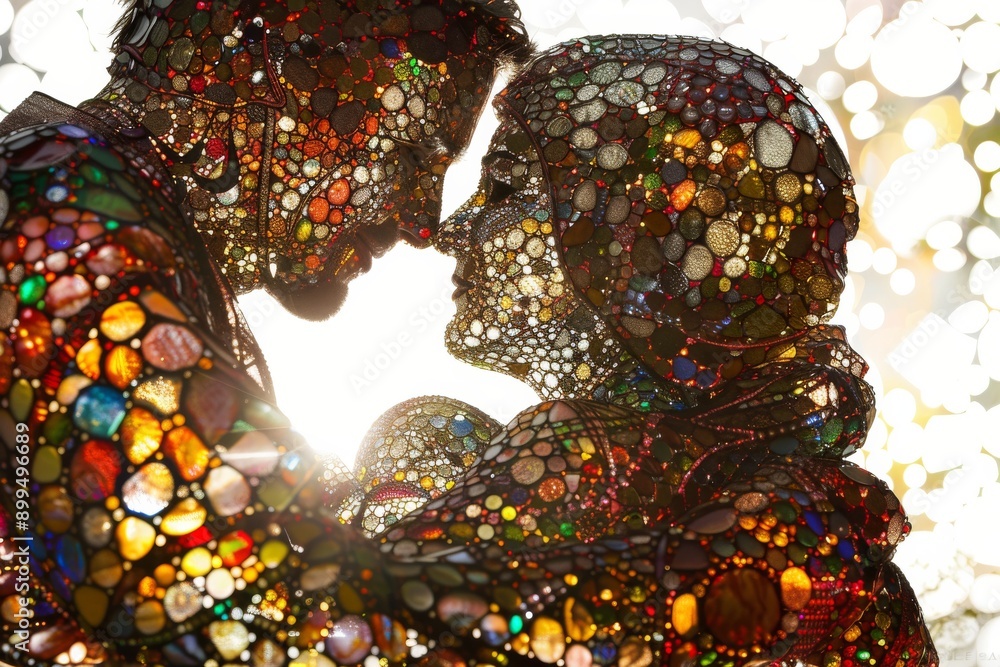 Poster abstract sculpture of family figures made of colorful digital blocks representing the building block