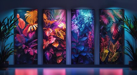 A set of canvases with a liquid crystal foliage. Chameleon art design