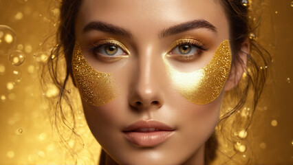 Glowing woman with brightening face mask illuminating essence clarifying bubbles soft gold backdrop Closeup portrait