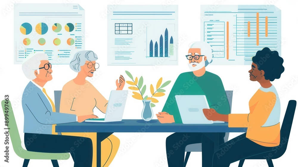 Poster a group of elderly friends is collaborating on projects, sharing ideas, and enjoying each other's co