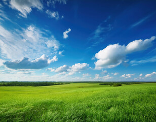 Obraz premium green field and blue sky with white fluffy clouds, spring landscape. 