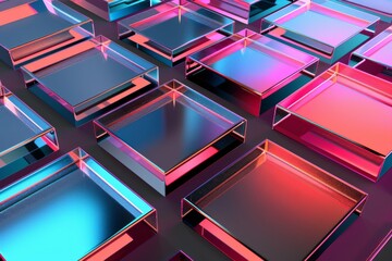 3d geometric pattern with blue and purple glass cubes, in the style of photogram, dark reflections, close-up shots, elongated shapes. Beautiful simple AI generated image in 4K, unique.