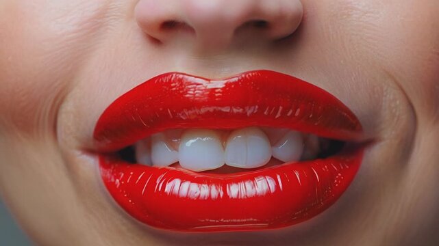 Close-up of a pair of glossy red lips slightly parted, exuding a sense of sensuality and allure. The image highlights the vibrant color and smooth texture, capturing the essence of beauty and desire