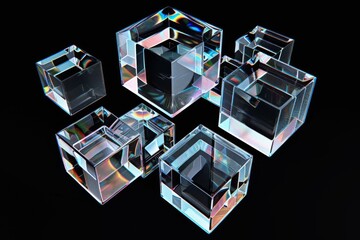 3d geometric pattern with blue and purple glass cubes, in the style of photogram, dark reflections, close-up shots, elongated shapes. Beautiful simple AI generated image in 4K, unique.