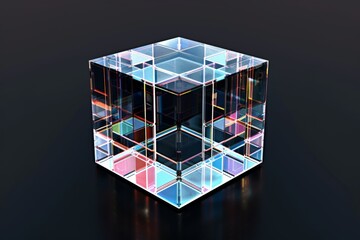 3d geometric pattern with blue and purple glass cubes, in the style of photogram, dark reflections, close-up shots, elongated shapes. Beautiful simple AI generated image in 4K, unique.