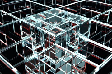 3d geometric pattern with blue and purple glass cubes, in the style of photogram, dark reflections, close-up shots, elongated shapes. Beautiful simple AI generated image in 4K, unique.