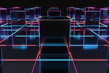 3d geometric pattern with blue and purple glass cubes, in the style of photogram, dark reflections, close-up shots, elongated shapes. Beautiful simple AI generated image in 4K, unique.