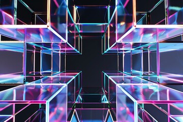 3d geometric pattern with blue and purple glass cubes, in the style of photogram, dark reflections, close-up shots, elongated shapes. Beautiful simple AI generated image in 4K, unique.