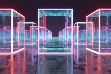 3d geometric pattern with blue and purple glass cubes, in the style of photogram, dark reflections, close-up shots, elongated shapes. Beautiful simple AI generated image in 4K, unique.